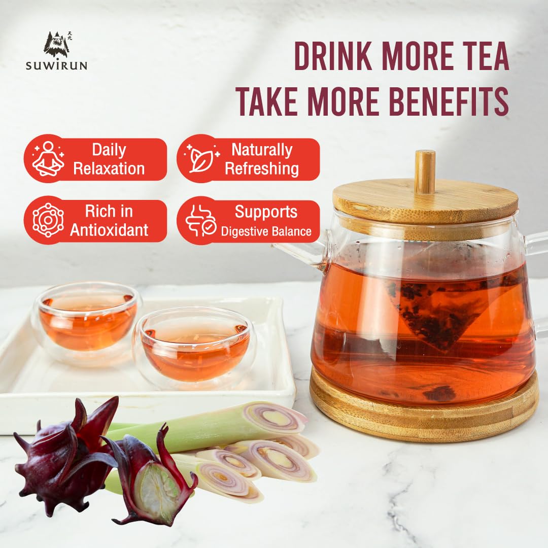 Suwirun Organic Lemongrass & Roselle Tea 25 Bags – Product of Thailand – Tangy Hibiscus & Citrus Herbal Blend, Caffeine-Free, No Calories, Naturally Sweet & Refreshing
