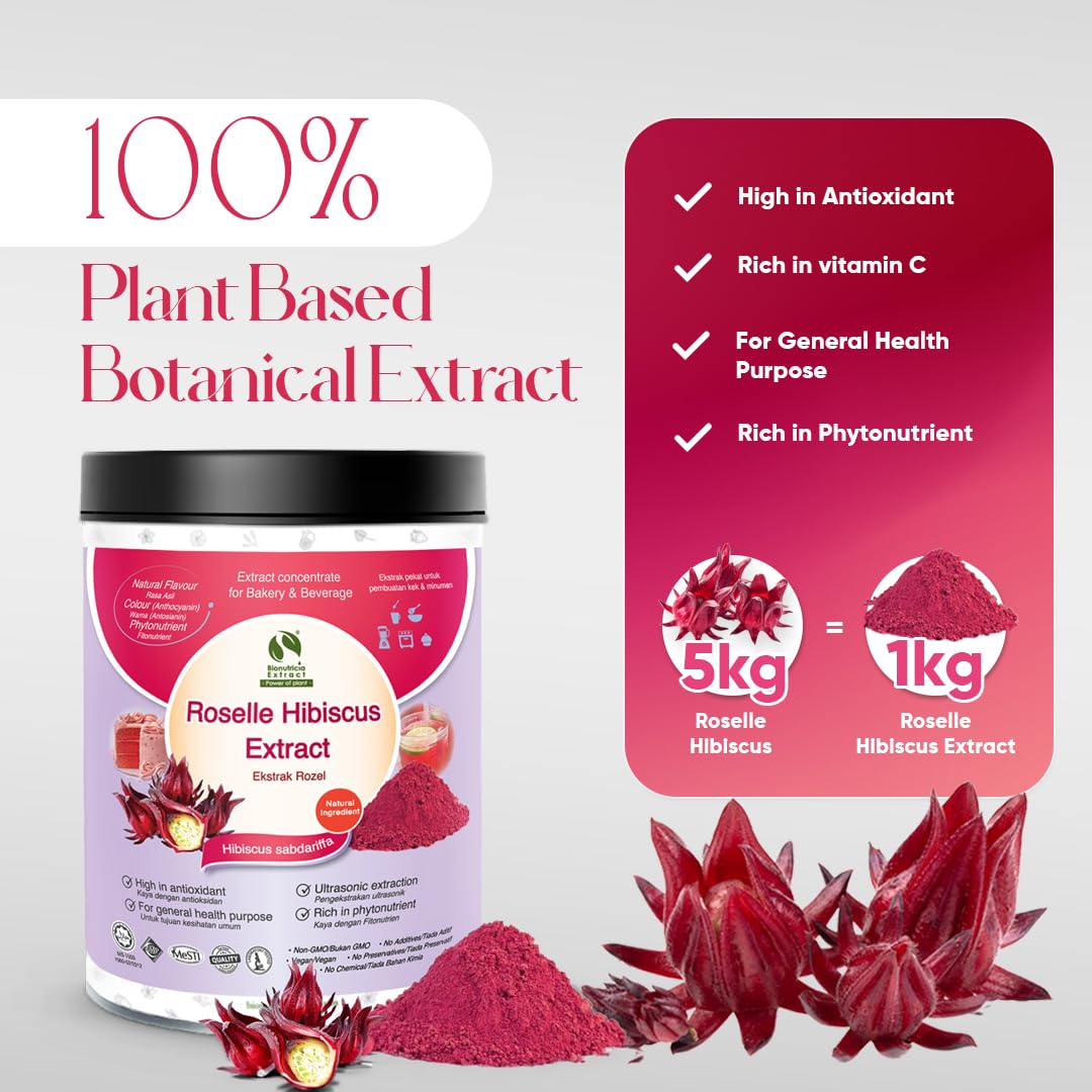 Bionutricia Roselle Hibiscus Extract Powder 7oz, High Antioxidant, Natural & Concentrate, Perfect for Tea & Beverage, Non-GMO, No Artificial Additives