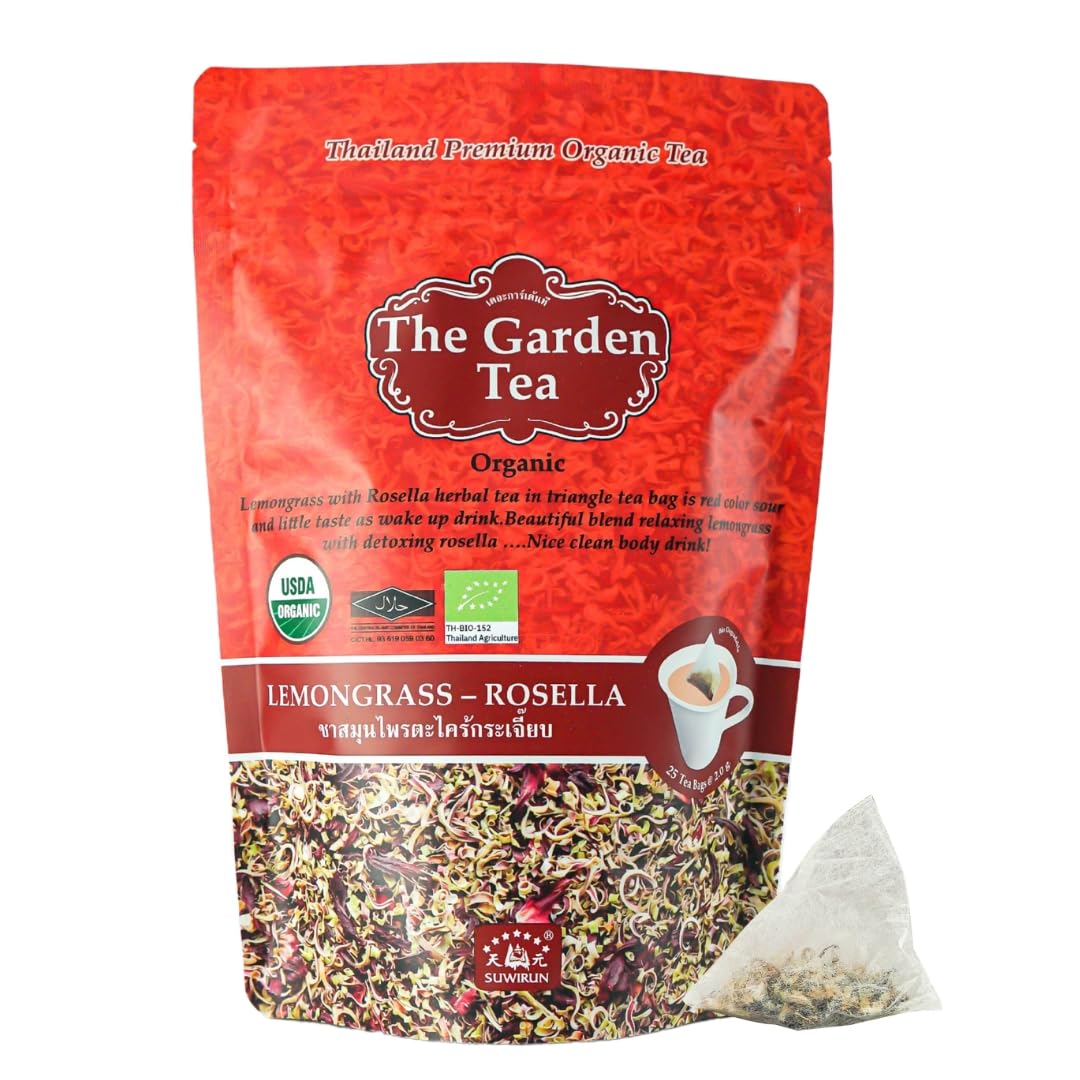 Suwirun Organic Lemongrass & Roselle Tea 25 Bags – Product of Thailand – Tangy Hibiscus & Citrus Herbal Blend, Caffeine-Free, No Calories, Naturally Sweet & Refreshing