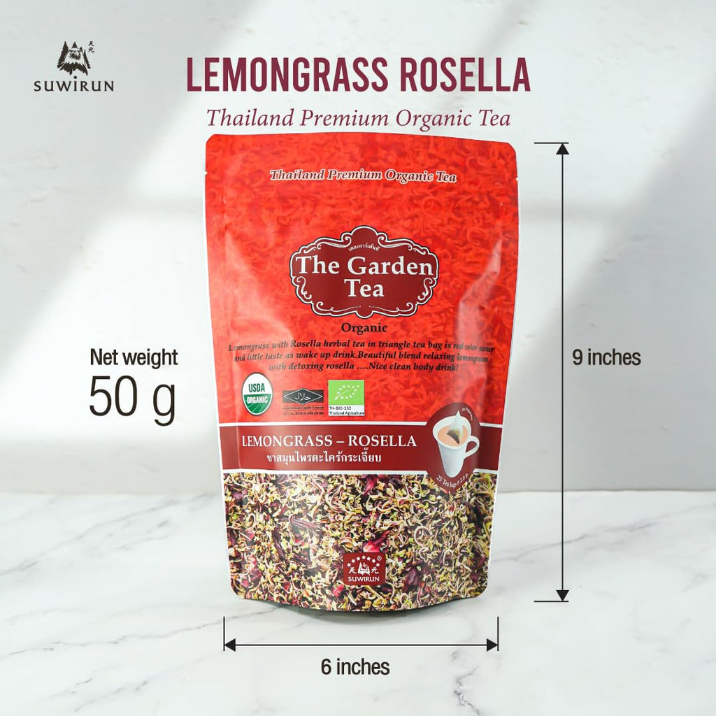 Suwirun Organic Lemongrass & Roselle Tea 25 Bags – Product of Thailand – Tangy Hibiscus & Citrus Herbal Blend, Caffeine-Free, No Calories, Naturally Sweet & Refreshing