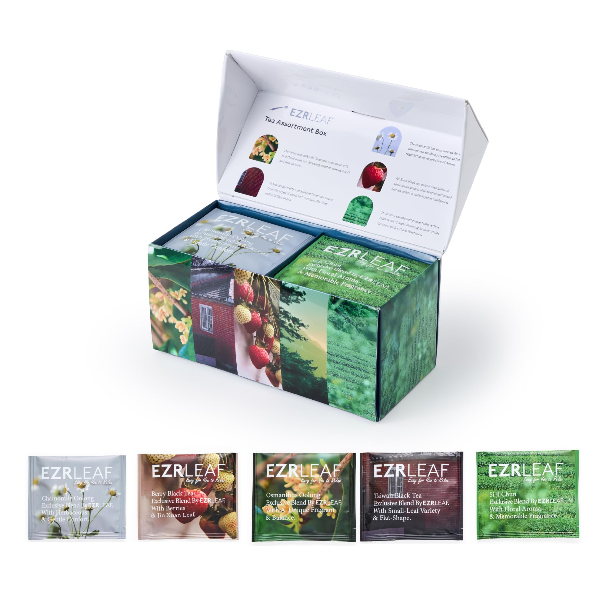 Decaf Herbal Tea Sampler – EZR Leaf 22ct Caffeine-Free Pyramid Bags, Assorted Fruit & Floral Blends with Lemon Verbena, Chamomile Mint, Dreamland, Roselle – Variety Tea Assotment Gift Set for Tea Lovers