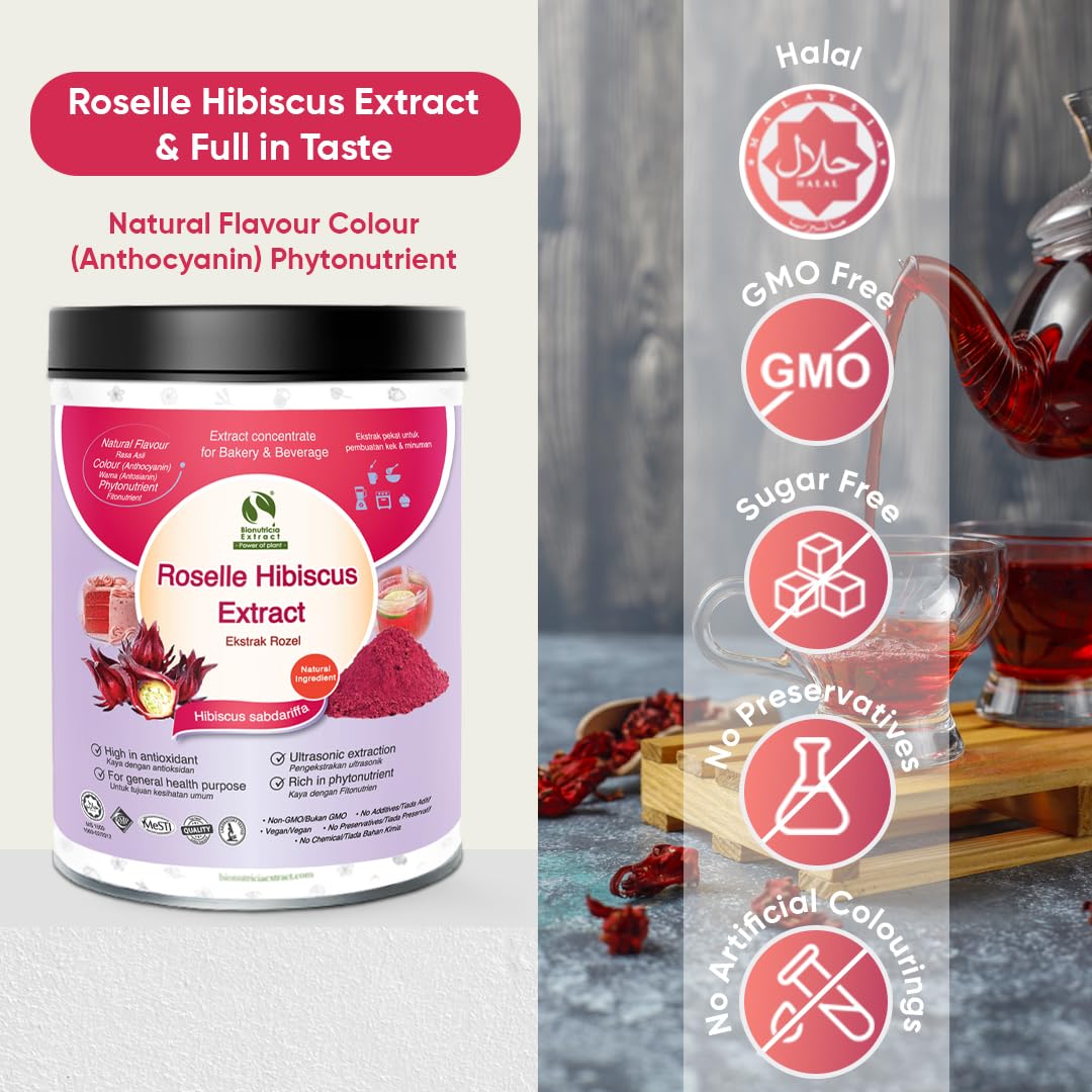 Bionutricia Roselle Hibiscus Extract Powder 7oz, High Antioxidant, Natural & Concentrate, Perfect for Tea & Beverage, Non-GMO, No Artificial Additives