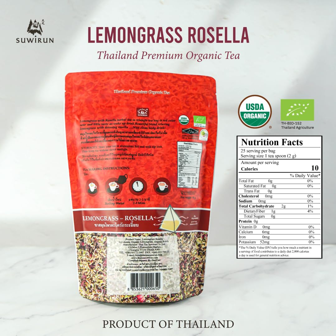 Suwirun Organic Lemongrass & Roselle Tea 25 Bags – Product of Thailand – Tangy Hibiscus & Citrus Herbal Blend, Caffeine-Free, No Calories, Naturally Sweet & Refreshing