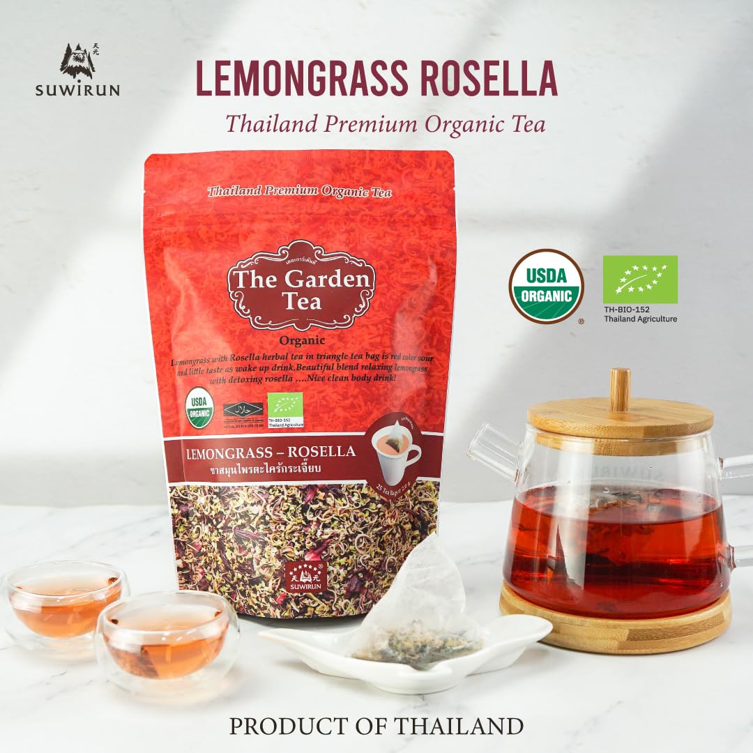 Suwirun Organic Lemongrass & Roselle Tea 25 Bags – Product of Thailand – Tangy Hibiscus & Citrus Herbal Blend, Caffeine-Free, No Calories, Naturally Sweet & Refreshing