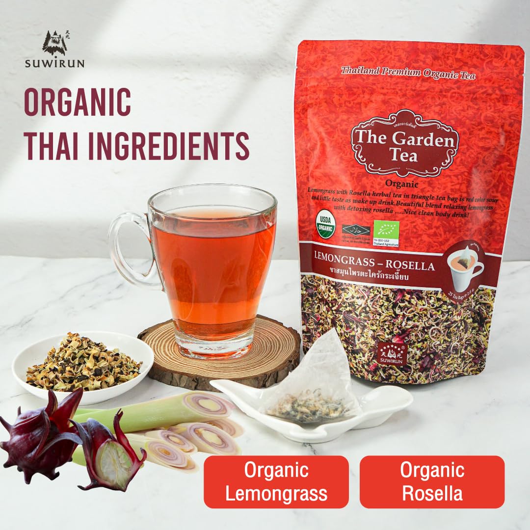 Suwirun Organic Lemongrass & Roselle Tea 25 Bags – Product of Thailand – Tangy Hibiscus & Citrus Herbal Blend, Caffeine-Free, No Calories, Naturally Sweet & Refreshing