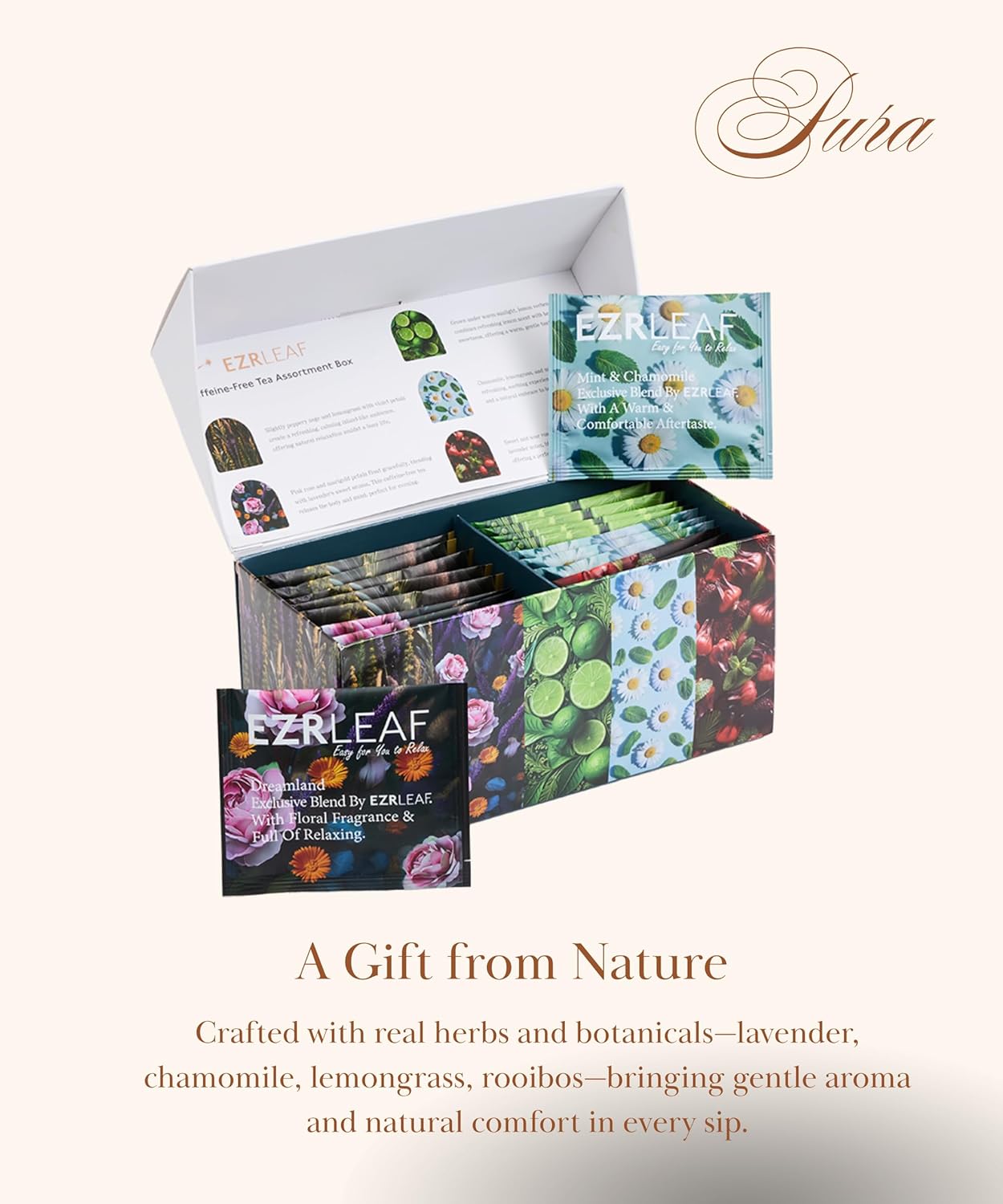 Decaf Herbal Tea Sampler – EZR Leaf 22ct Caffeine-Free Pyramid Bags, Assorted Fruit & Floral Blends with Lemon Verbena, Chamomile Mint, Dreamland, Roselle – Variety Tea Assotment Gift Set for Tea Lovers