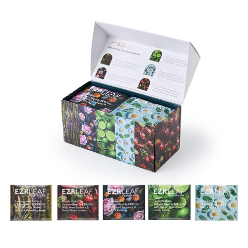 Decaf Herbal Tea Sampler – EZR Leaf 22ct Caffeine-Free Pyramid Bags, Assorted Fruit & Floral Blends with Lemon Verbena, Chamomile Mint, Dreamland, Roselle – Variety Tea Assotment Gift Set for Tea Lovers