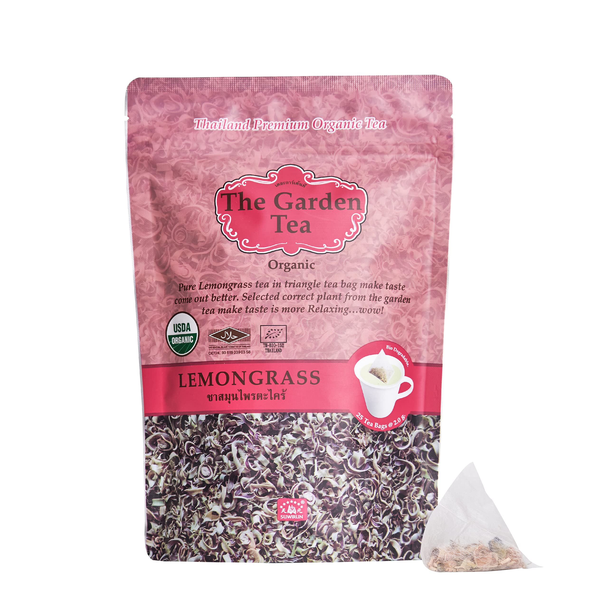 Suwirun Organic Lemongrass & Roselle Tea 25 Bags – Product of Thailand – Tangy Hibiscus & Citrus Herbal Blend, Caffeine-Free, No Calories, Naturally Sweet & Refreshing