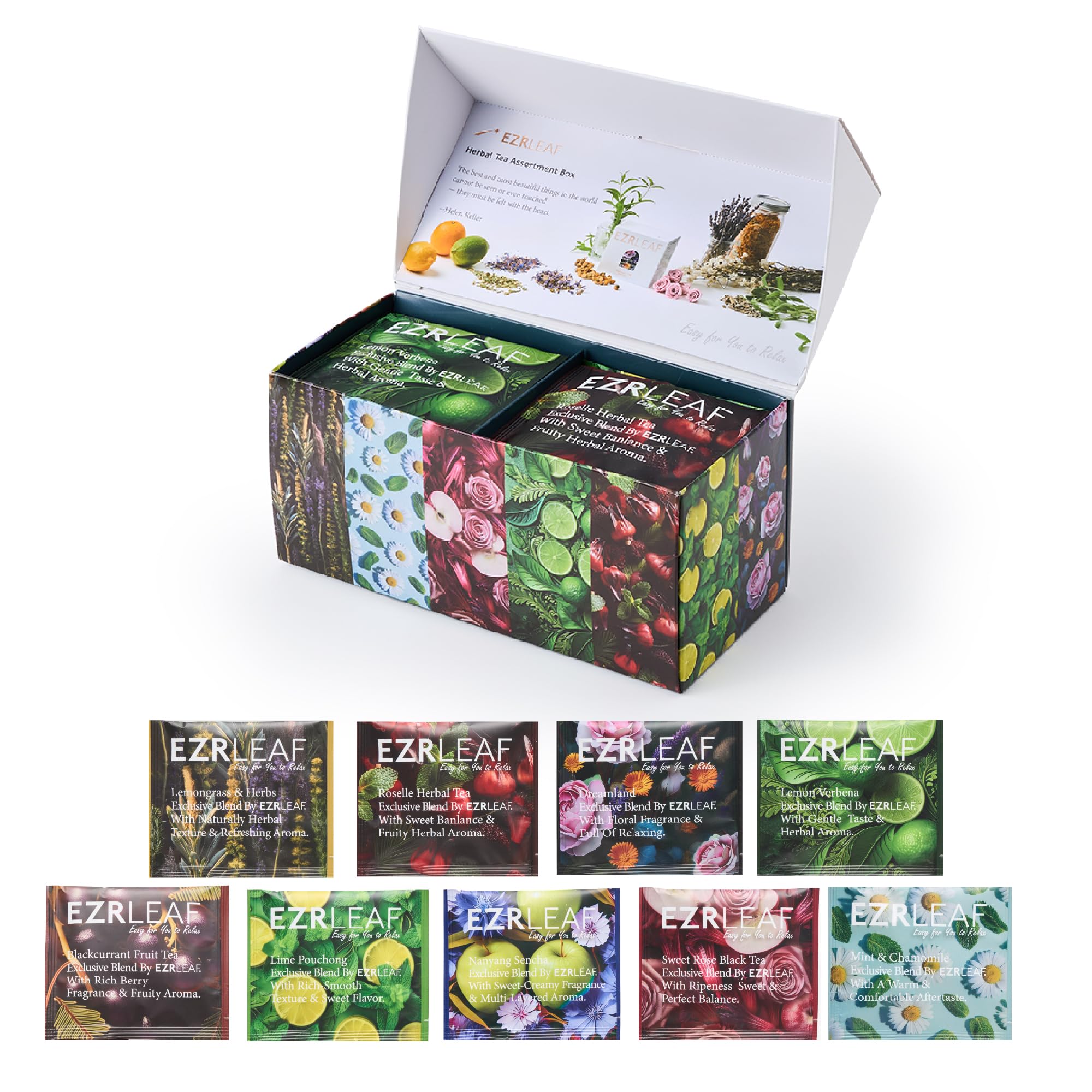 Decaf Herbal Tea Sampler – EZR Leaf 22ct Caffeine-Free Pyramid Bags, Assorted Fruit & Floral Blends with Lemon Verbena, Chamomile Mint, Dreamland, Roselle – Variety Tea Assotment Gift Set for Tea Lovers