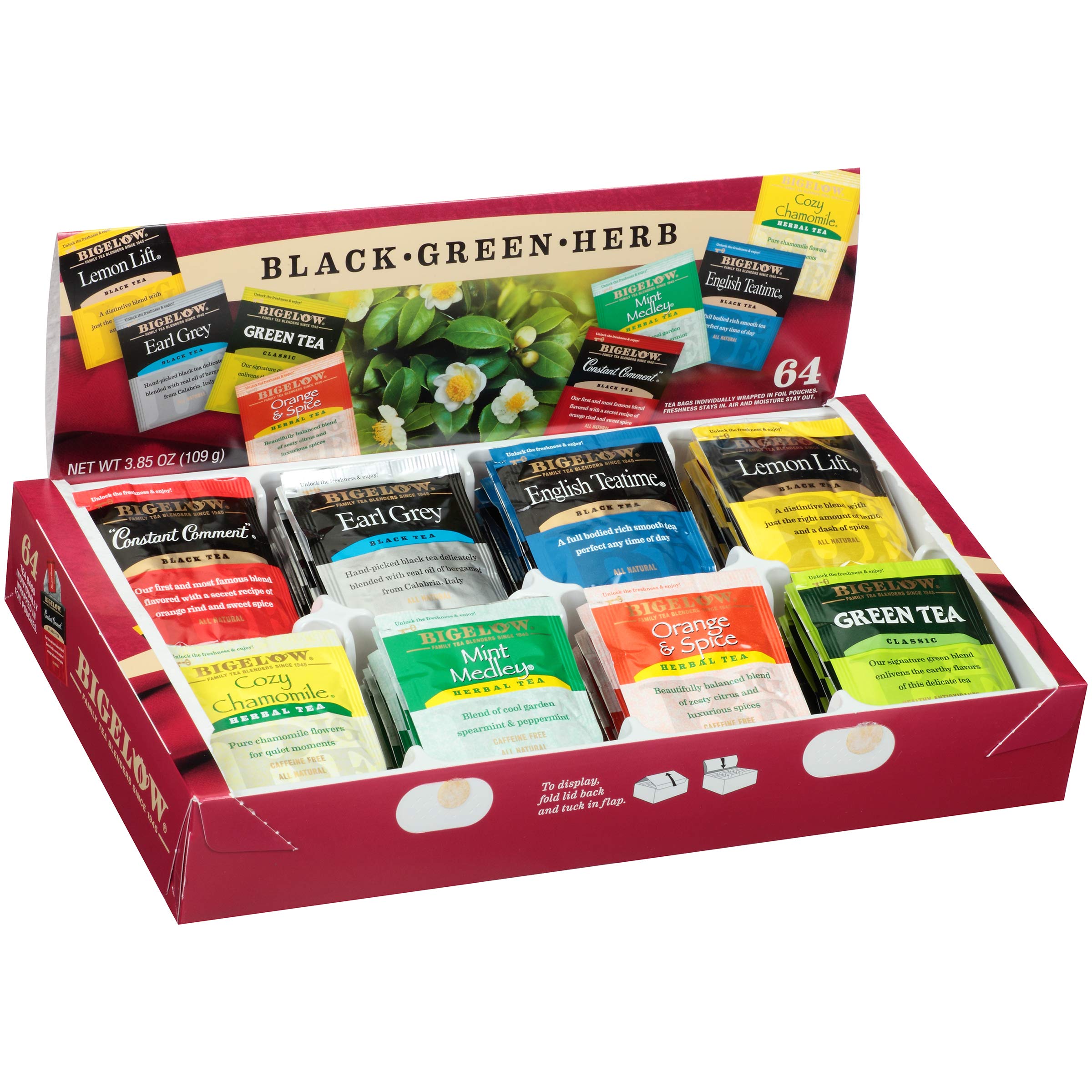 Bigelow Tea Caffeine Free 6 Flavor Herbal Tea Variety Pack, Decaf Tea with Mint Medley, Cozy Chamomile, Orange and Spice, Sweet Dreams, Perfect Peach, and Lemon Ginger, (Pack of 6), 118 Total Tea Bags