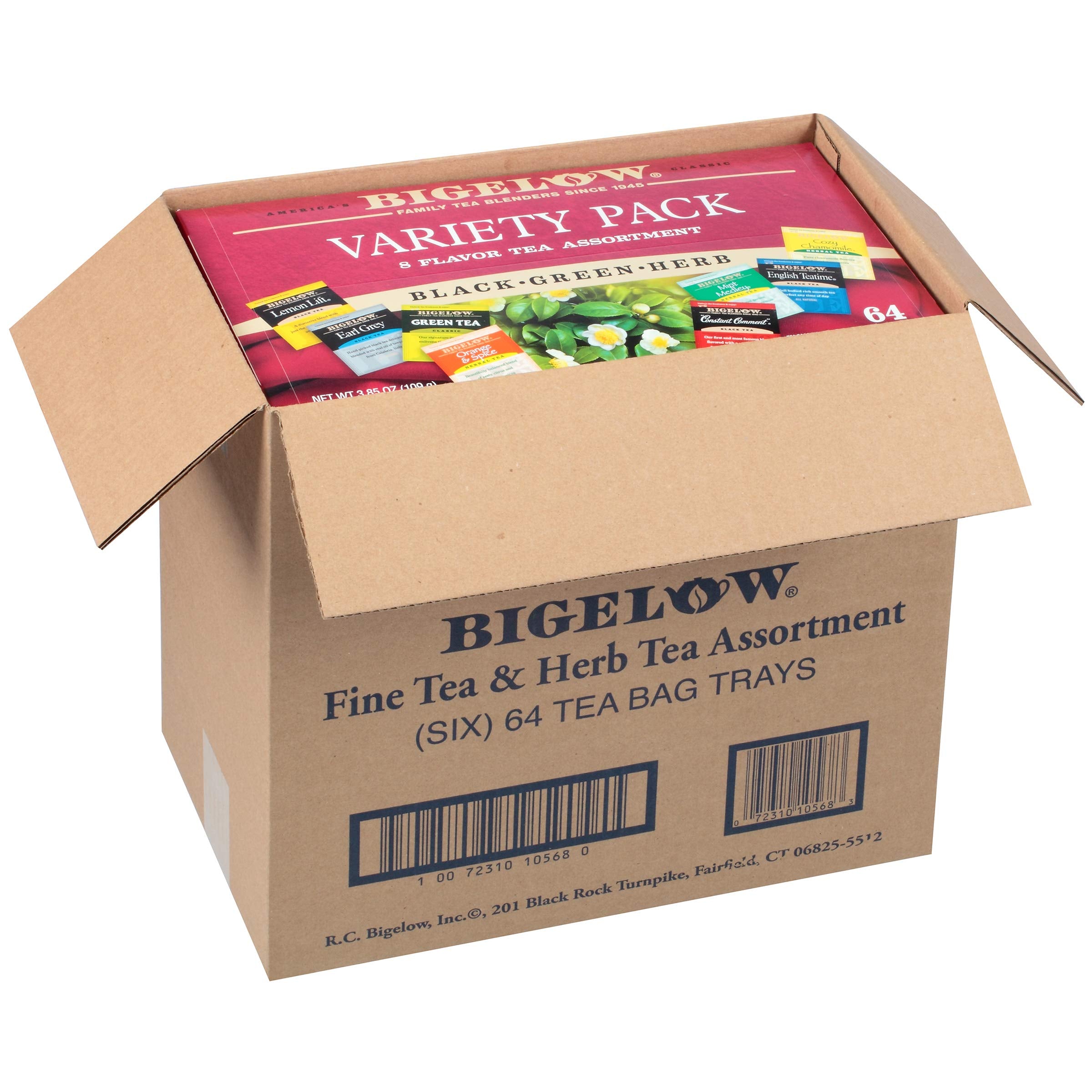 Bigelow Tea Caffeine Free 6 Flavor Herbal Tea Variety Pack, Decaf Tea with Mint Medley, Cozy Chamomile, Orange and Spice, Sweet Dreams, Perfect Peach, and Lemon Ginger, (Pack of 6), 118 Total Tea Bags