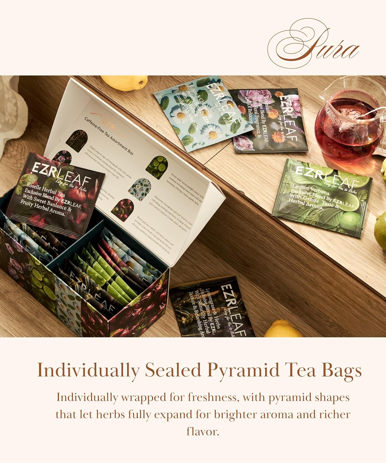 Decaf Herbal Tea Sampler – EZR Leaf 22ct Caffeine-Free Pyramid Bags, Assorted Fruit & Floral Blends with Lemon Verbena, Chamomile Mint, Dreamland, Roselle – Variety Tea Assotment Gift Set for Tea Lovers