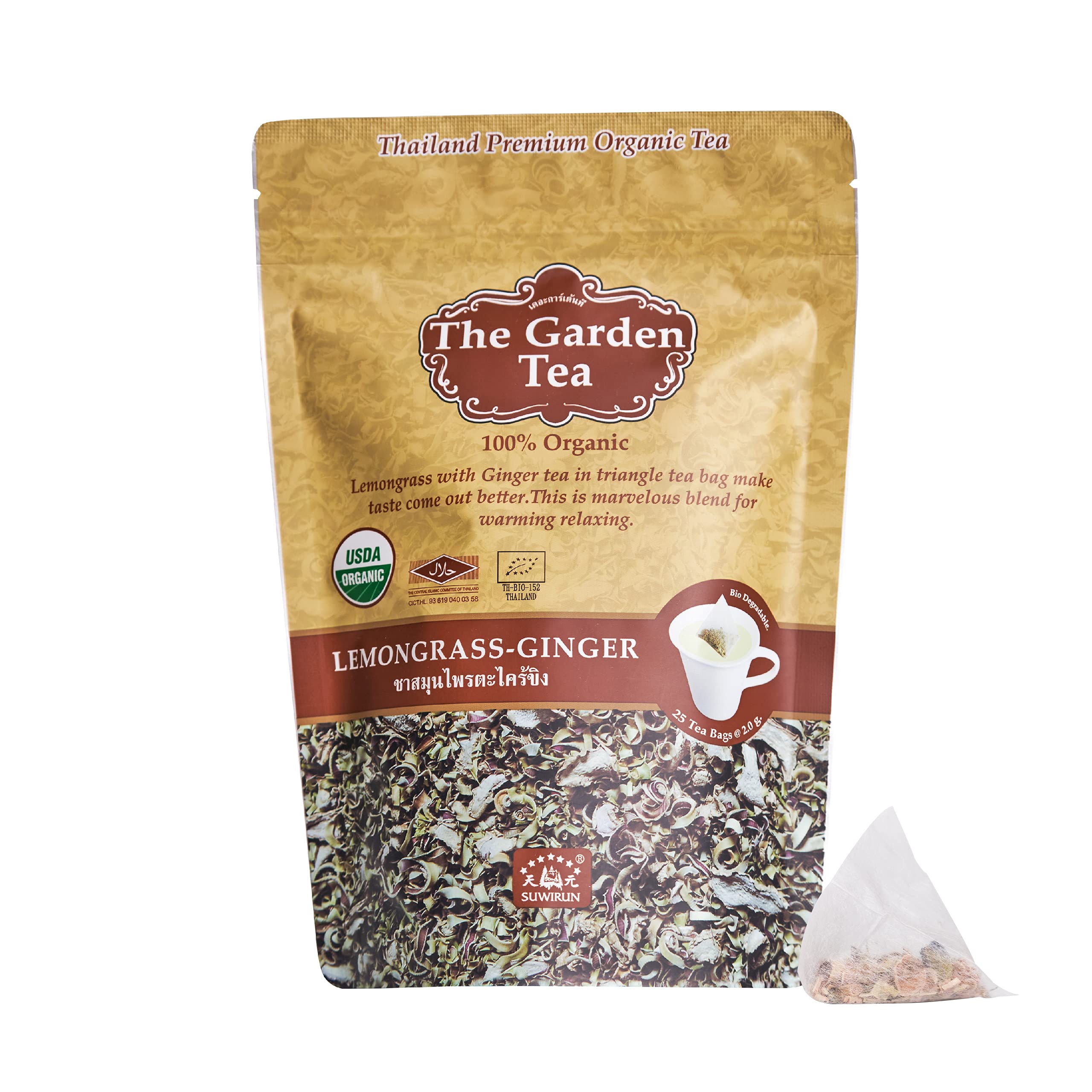 Suwirun Organic Lemongrass & Roselle Tea 25 Bags – Product of Thailand – Tangy Hibiscus & Citrus Herbal Blend, Caffeine-Free, No Calories, Naturally Sweet & Refreshing
