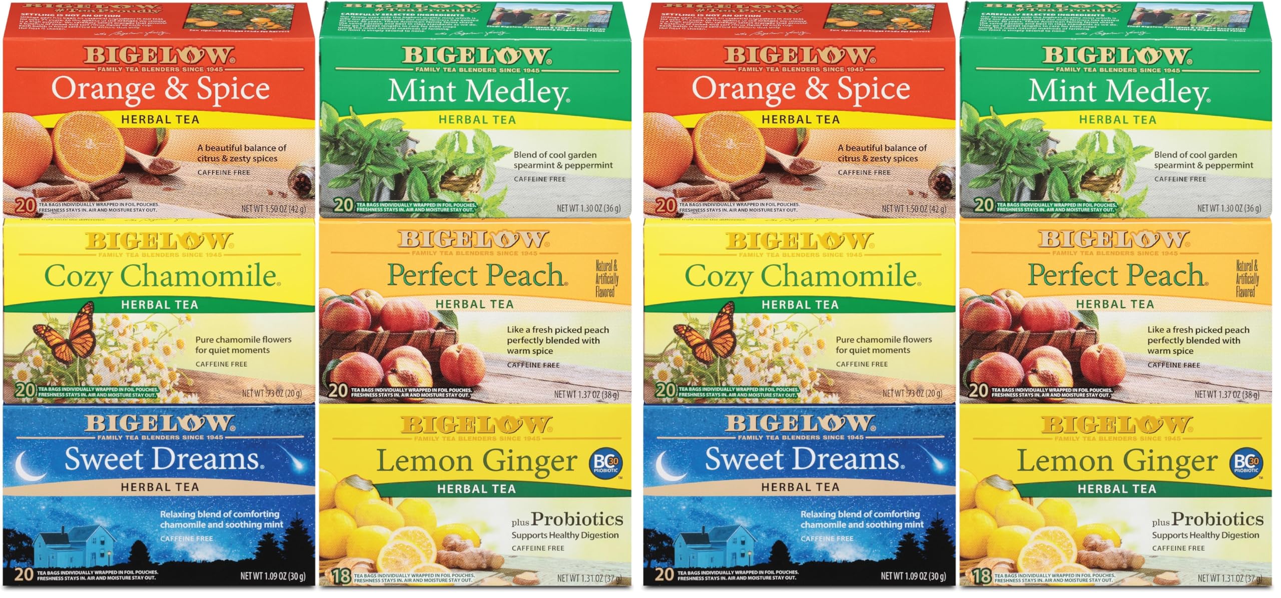 Bigelow Tea Caffeine Free 6 Flavor Herbal Tea Variety Pack, Decaf Tea with Mint Medley, Cozy Chamomile, Orange and Spice, Sweet Dreams, Perfect Peach, and Lemon Ginger, (Pack of 6), 118 Total Tea Bags