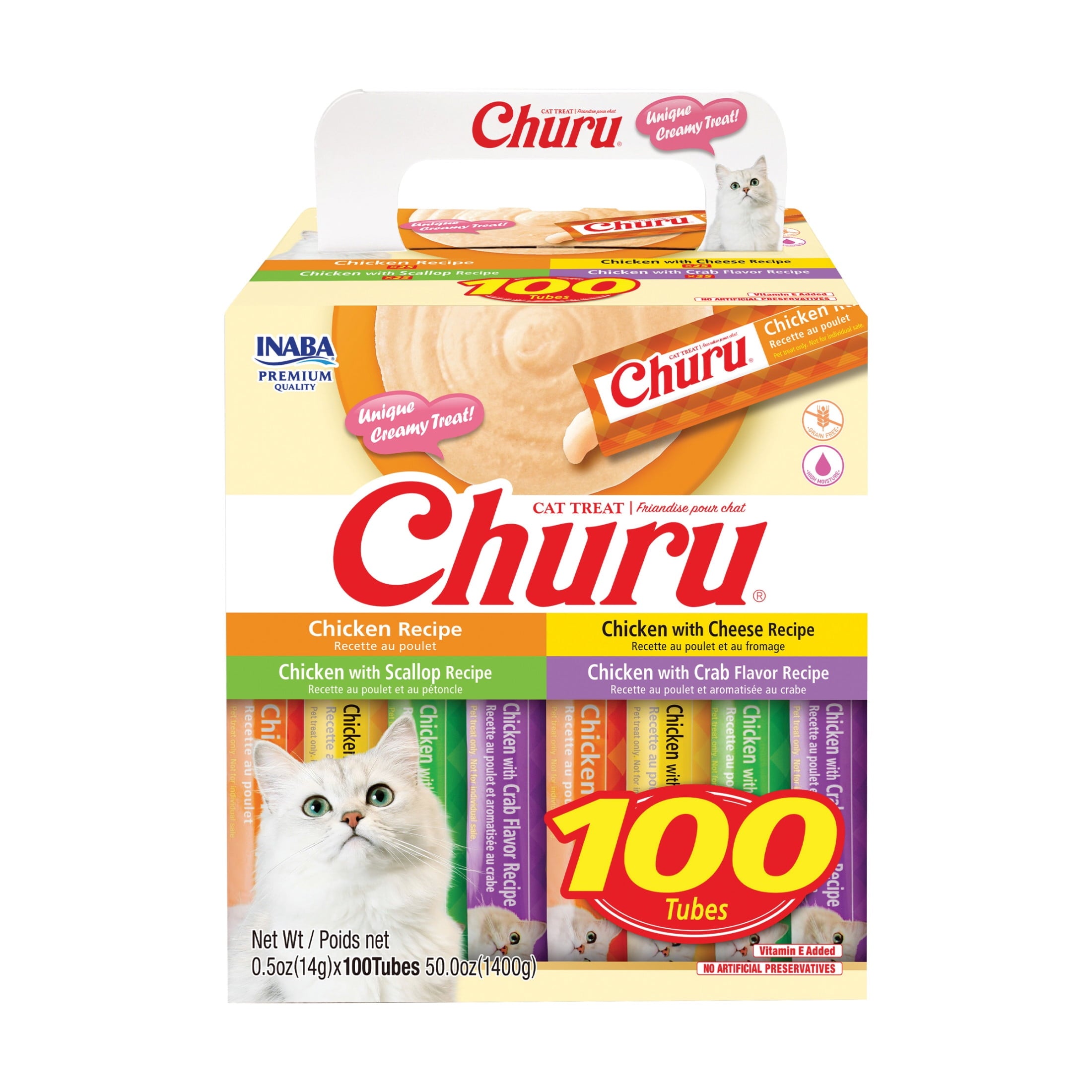 INABA Churu Cat Treats, Lickable, Squeezable Creamy Purée with Vitamin E, 0.5 Ounces per Tube, 120 Tubes Total, Chicken Variety