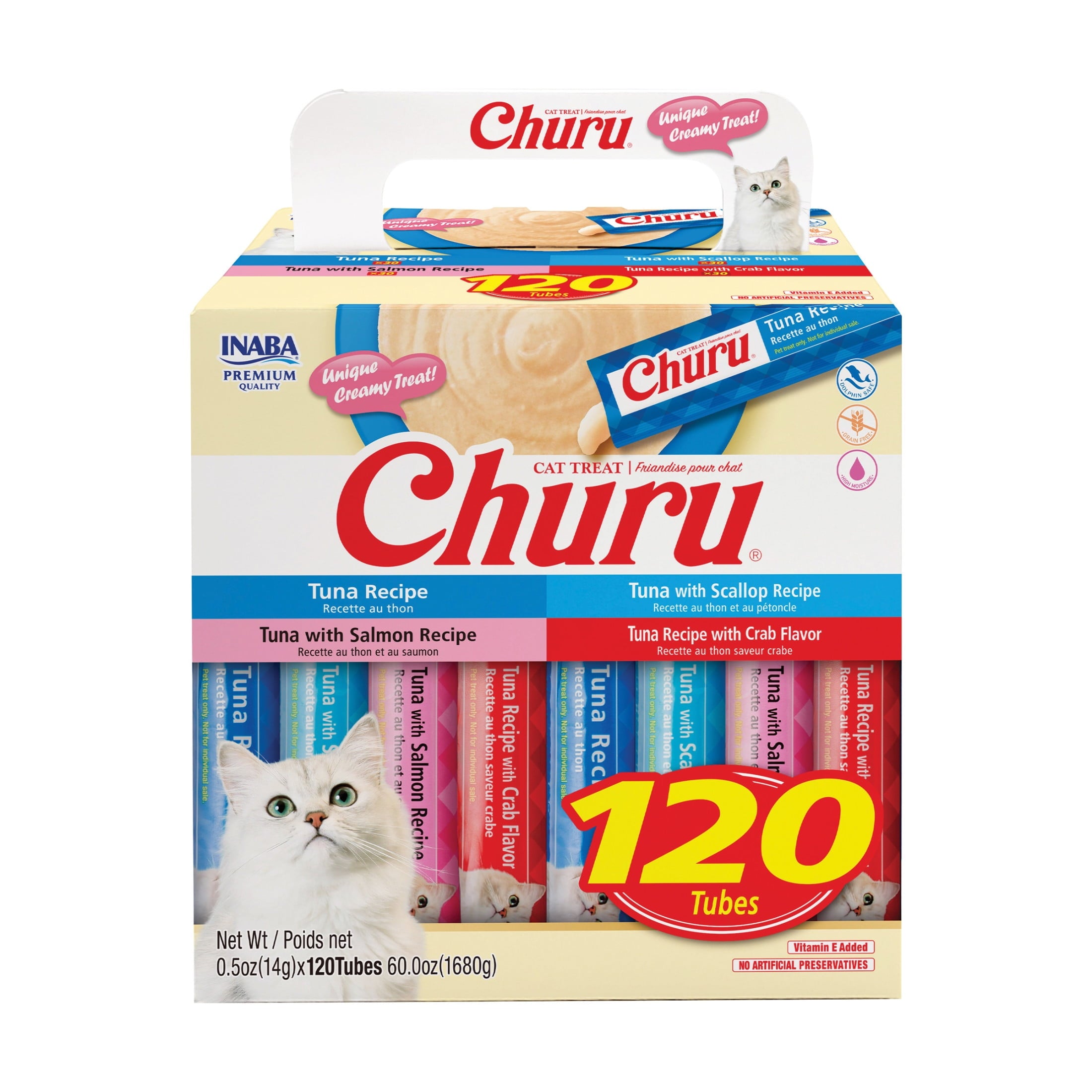INABA Churu Cat Treats, Lickable, Squeezable Creamy Purée with Vitamin E, 0.5 Ounces per Tube, 120 Tubes Total, Chicken Variety